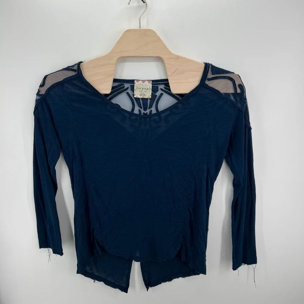 Free People Mesh Yoke Top Womens Medium Navy Blue Boho Embroidered Split Back